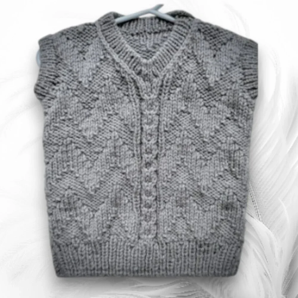 Handmade Knitted Gray Sweater Vest With Chevron Pattern — Cozy Wool Blend Pullov